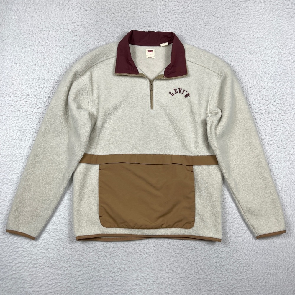 Levis Fleece Pullover Mens S Cream Relaxed Quarter Zip Gorpcore Sherpa Jacket